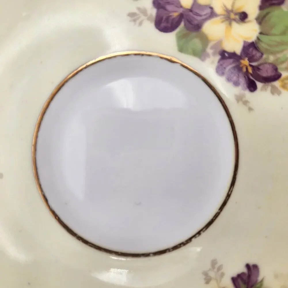 Footed Teacup & Saucer Clarence Bone China England Purple &‎ Yellow Violets Gold